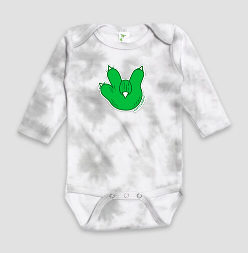 Grey and white tie die baby onesie with a green hodag paw giving the love sign by the Happy the Hodag brand