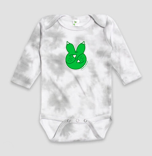 Grey and white tie die baby onesie with a green hodag paw giving the peace sign by the Happy the Hodag brand