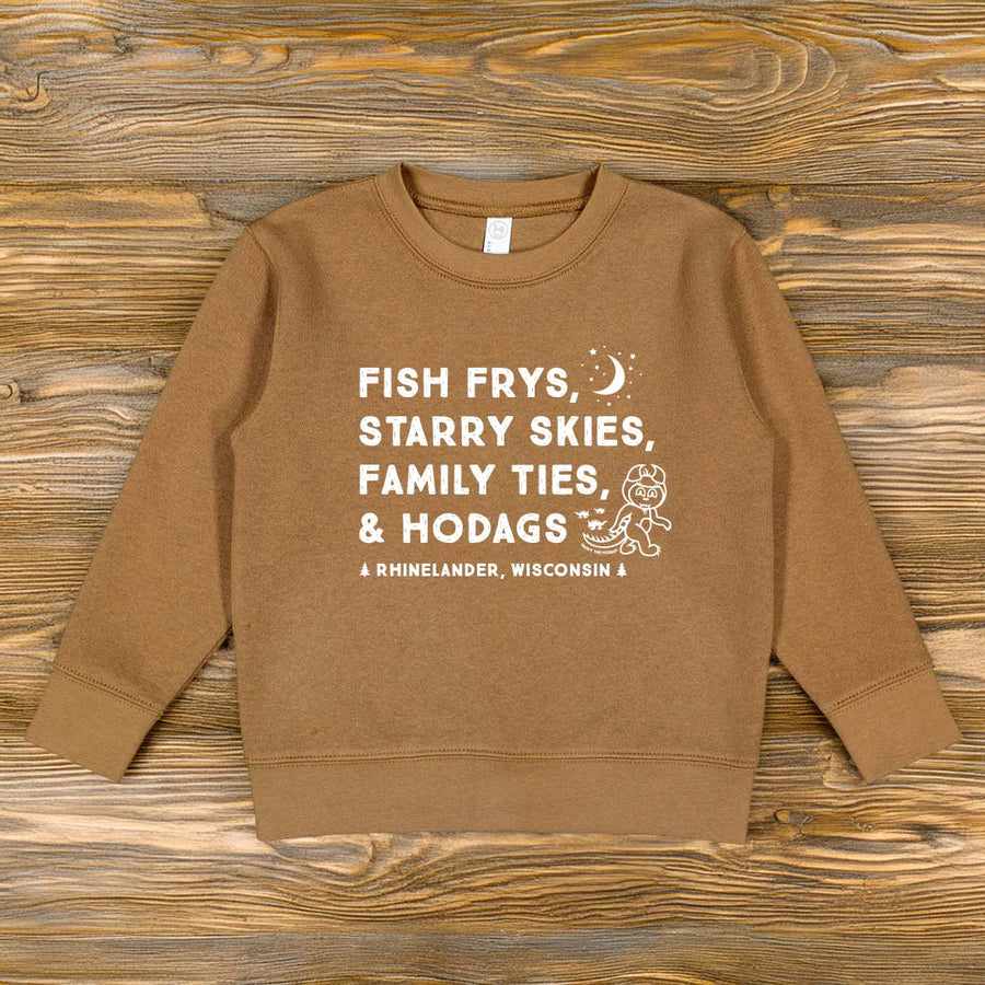 Fish Frys, Starry Skies, Family Ties, and Hodags Kids Crewneck Sweatshirt
