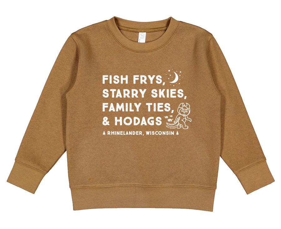 Fish Frys, Starry Skies, Family Ties, and Hodags Kids Crewneck Sweatshirt