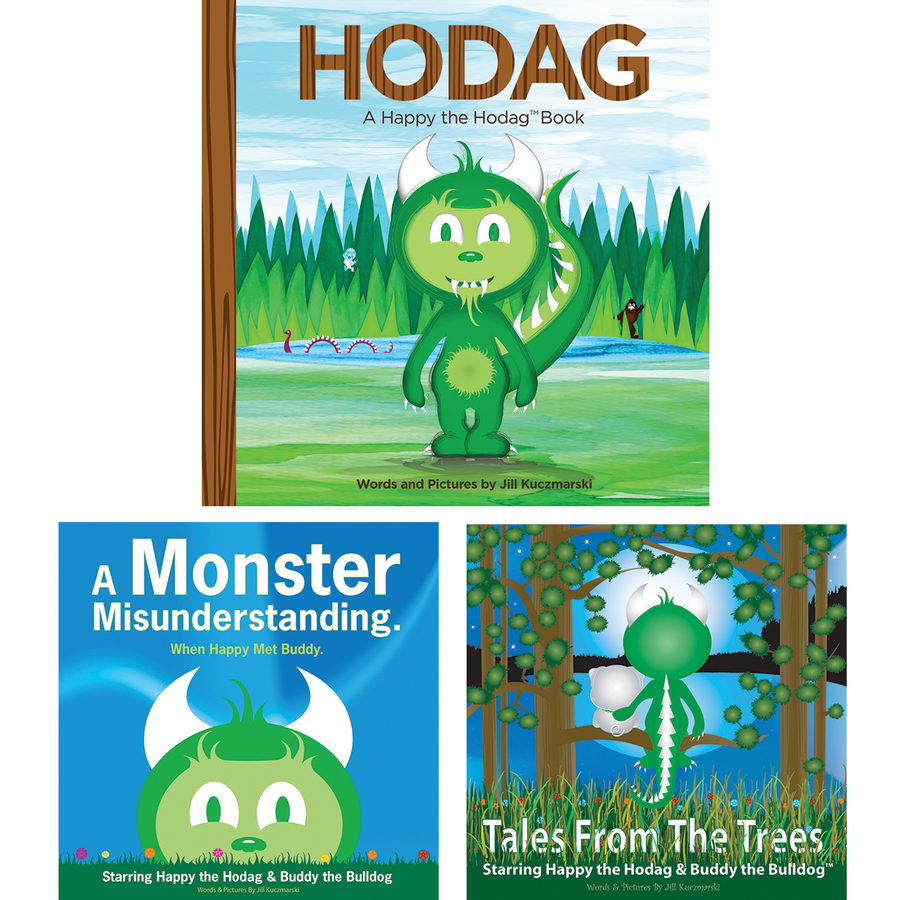 Three book covers including HODAG, A Happy the Hodag Book, A Monster Misunderstanding, When Happy met Buddy and Tales From the Trees. All three book cover illustrations feature Happy the Hodag with a nature background.