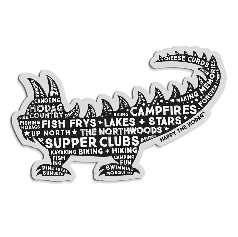 Black Hodag silhouette sticker with white words including 'amores, canoeing, pine trees, fishing, fish frys, up north, lakes+stars, campfires, supper clubs, kayaking, biking + hiking