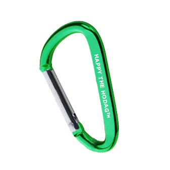 Detail of a green carabiner with white text that says 'happy the hodag'