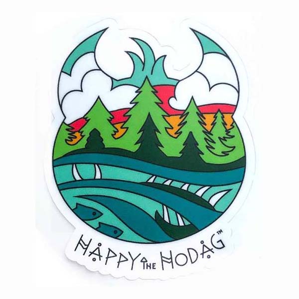 Sticker shaped like Happy the hodag's head with colorful artwork of sky, trees, water and a Meshipeshu hiding in the waves with the text Happy the Hodag