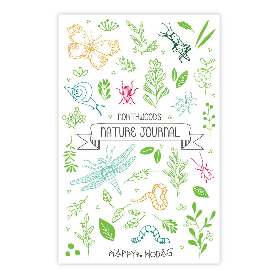 Colorful artwork of leaves, bugs, flowers, critters and the text 'Northwoods Nature Journal' 'Happy the Hodag'