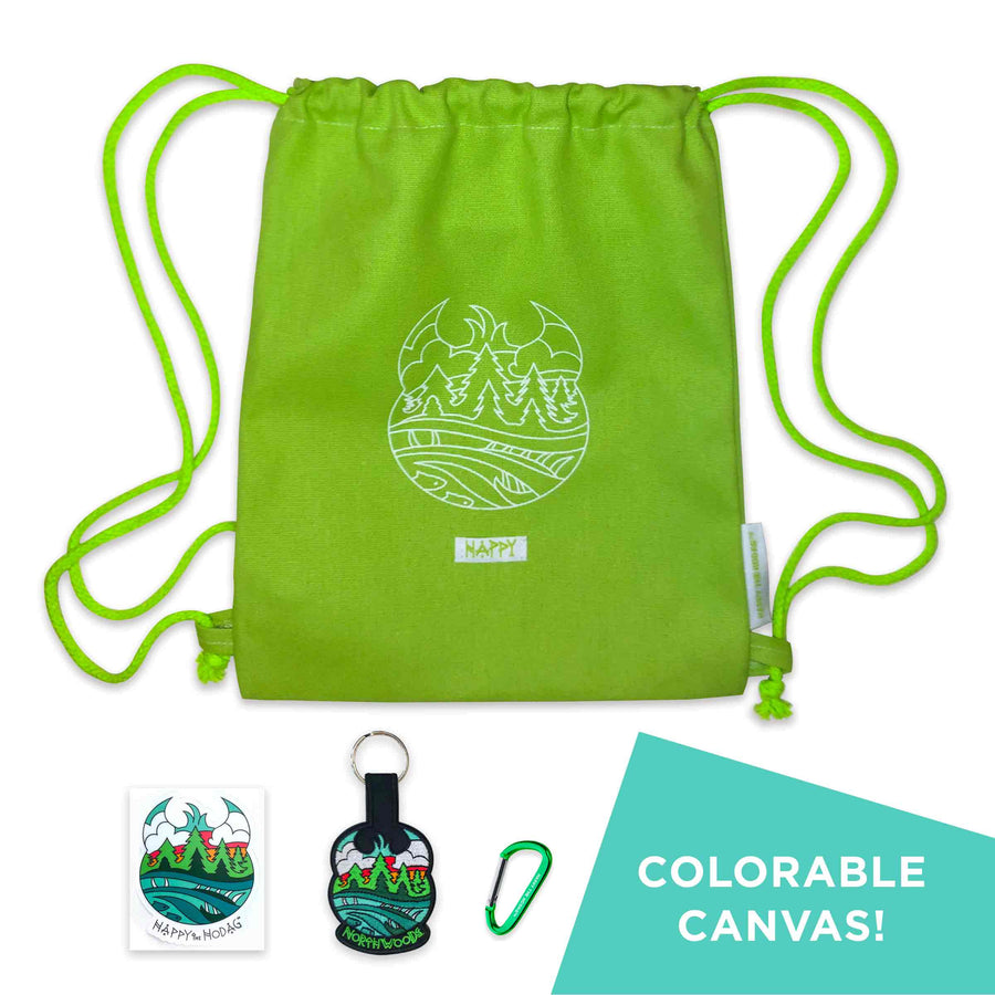 Lime green drawstring backpack with white line art of trees, water and a Meshipeshu hiding in the waves. A white sewn on tab under the art reads HAPPY. Matching but colorful artwork on a sticker and keychain 