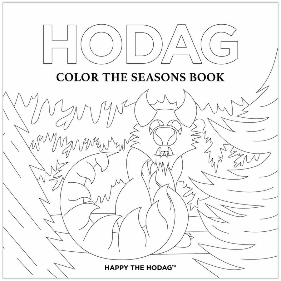 Hodag, Color the seasons book cover. Black line art depicts the back of a Hodag with it's head turned and looking at you. The Hodag is from the June spread and is surrounded by trees. The cover is colorable.