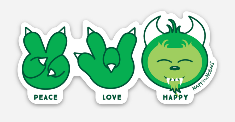 A sticker featuring two green hodag paws giving the peace and love sign followed by the face of happy the hodag. The text underneath reads 'peace-love-happy' 