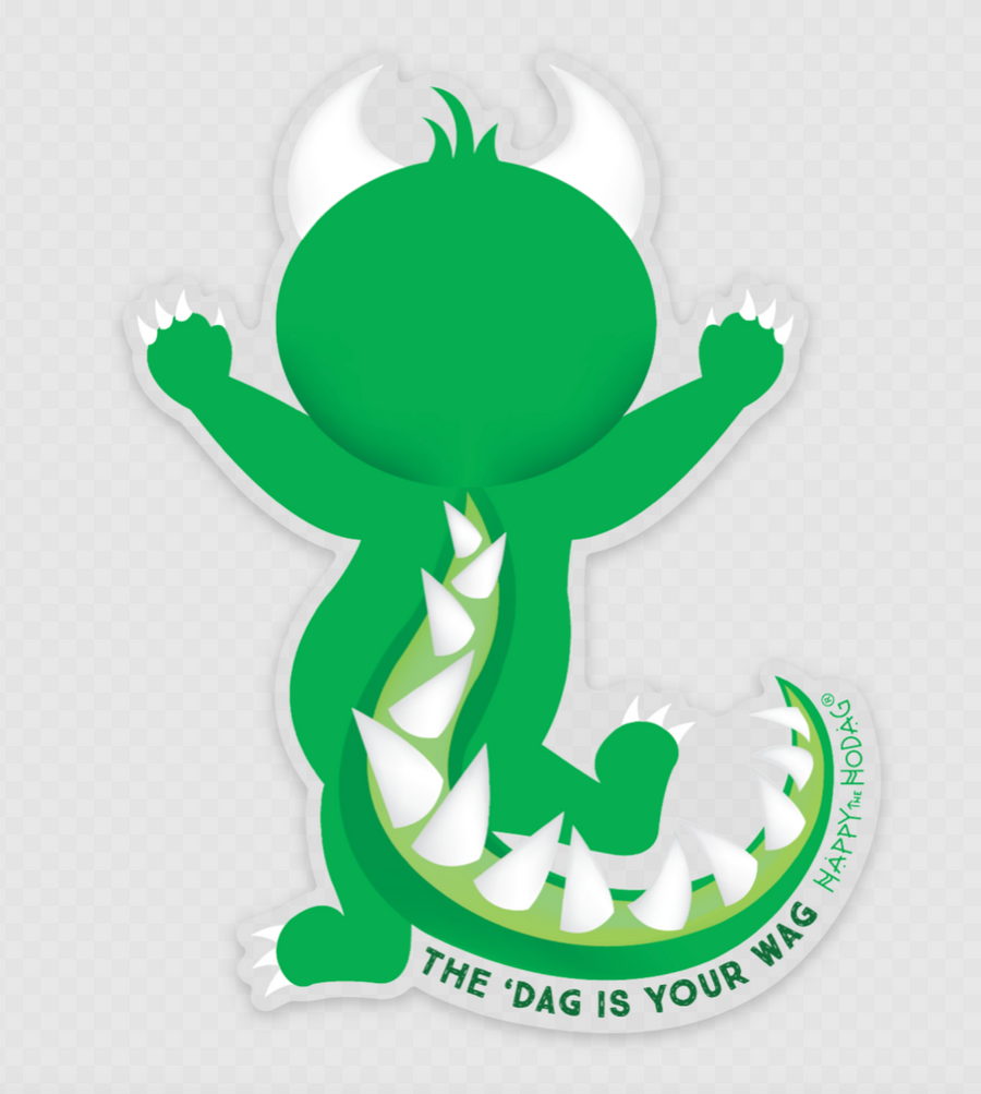 A sticker of Happy the Hodag, a green monster with two white horns, claws and white spikes down it's back, wagging it's tail with it's arms. Text near the tail reads 'the 'dag is your wag' from the Happy the Hodag brand