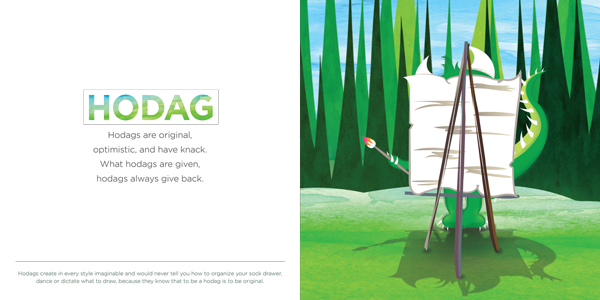 A colorful illustration of Happy the Hodag painting in the forest from the book HODAG, a happy the hodag book