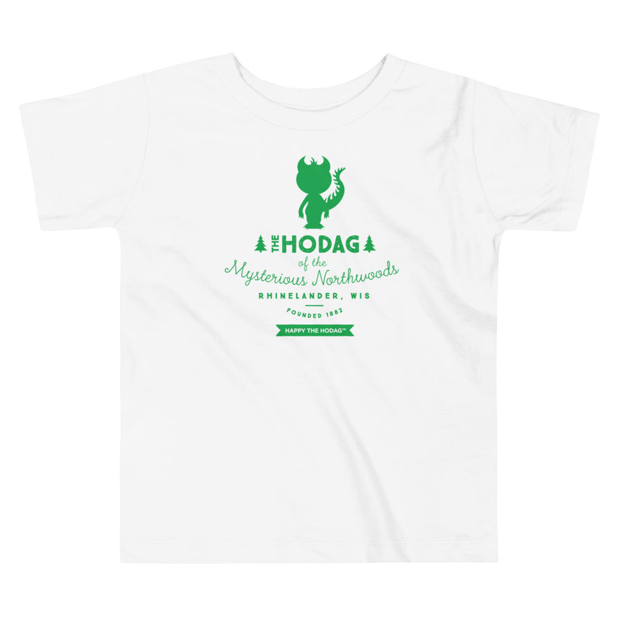 Silhouette of happy the Hodag in green with the words 'the Hodag of the mysterious Northwoods, Rhinelander, wis, founded 1882 underneath.