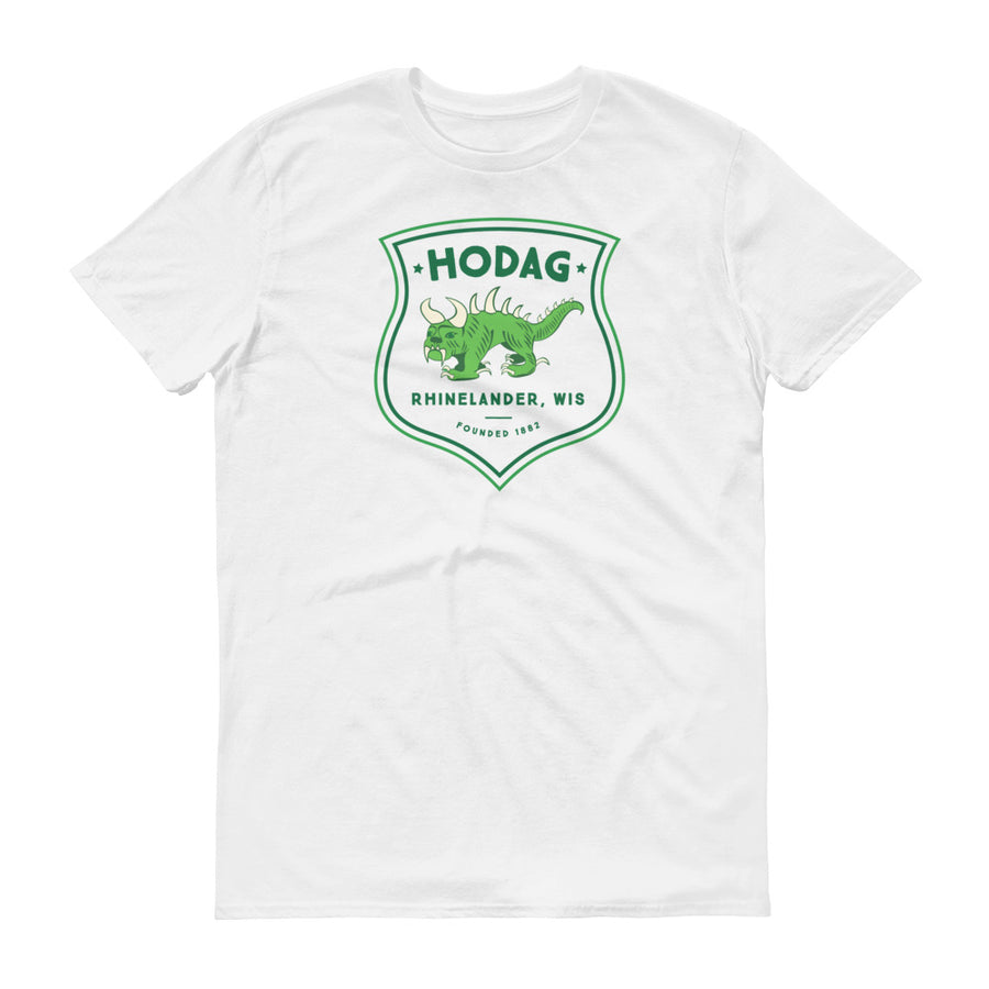 White t-shirt featuring printed badge artwork with a vintage Hodag and the text Hodag, Rhinelander, WI, founded 1882