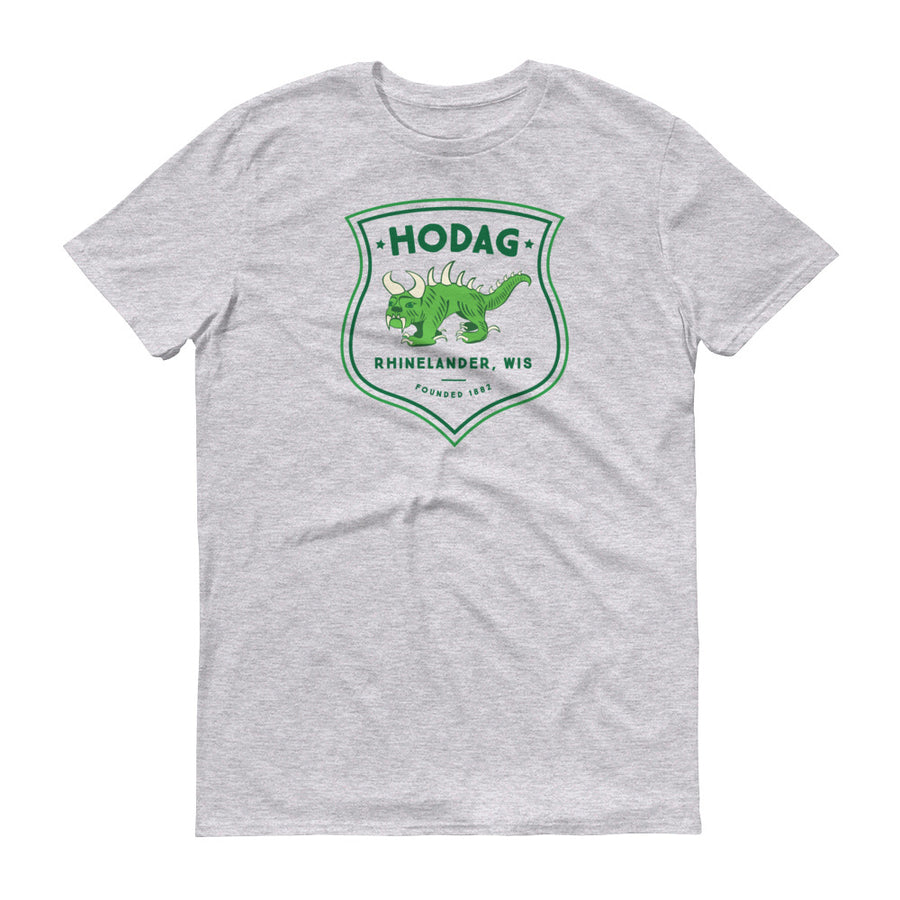 Heather grey t-shirt featuring printed badge artwork with a vintage Hodag and the text Hodag, Rhinelander, WI, founded 1882