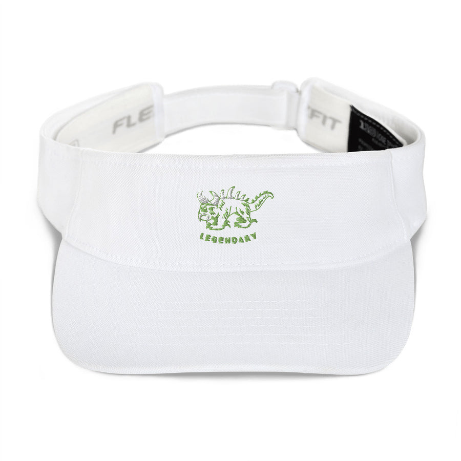White visor hat with green and white vintage embroidered Hodag with the word legendary underneath.